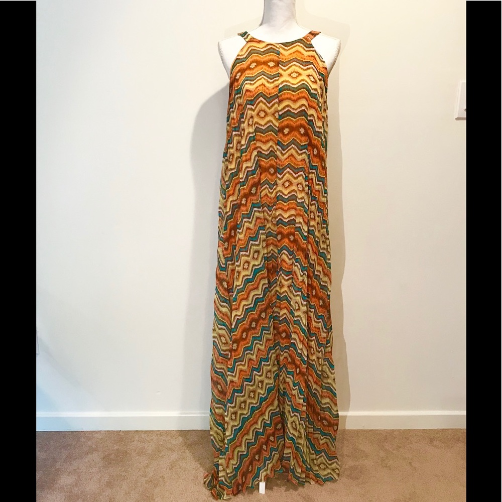 Orange and slate blue Sleeveless Maxi halter Dress